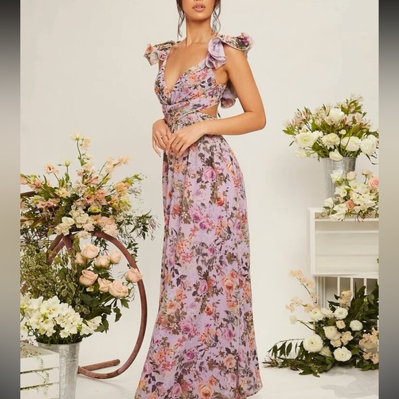 Belle Floral Print Sweetheart Neck Lace Up Backless Ruffle Trim Dress - Picture 5 of 8